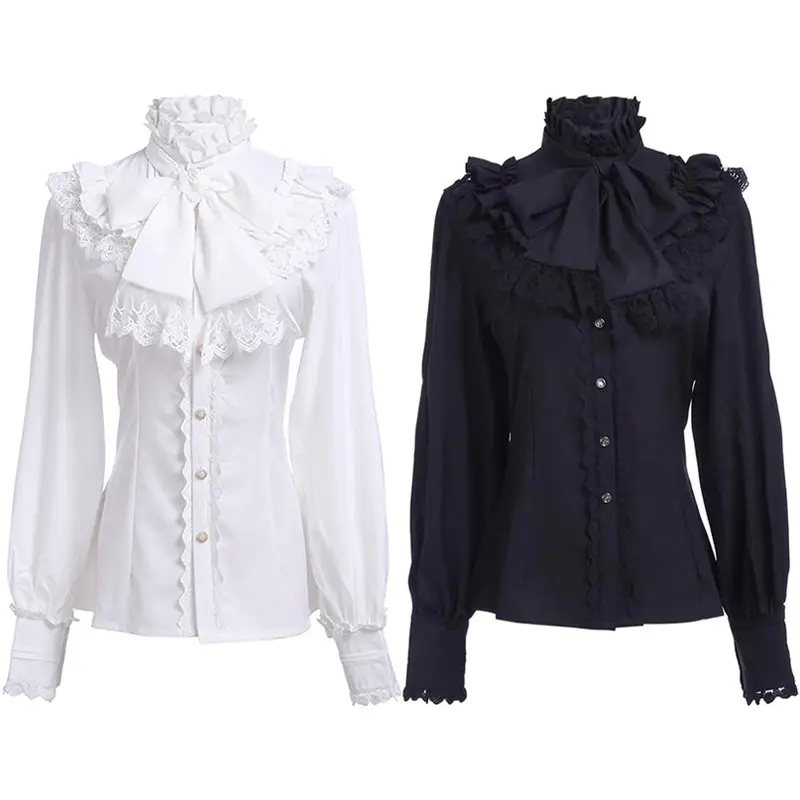 Camisas con volantes de encaje con lazo blanco para mujer, camisa medieval gótica Steampunk victoriana renacentista de vampiro Vintage, disfraz de Halloween