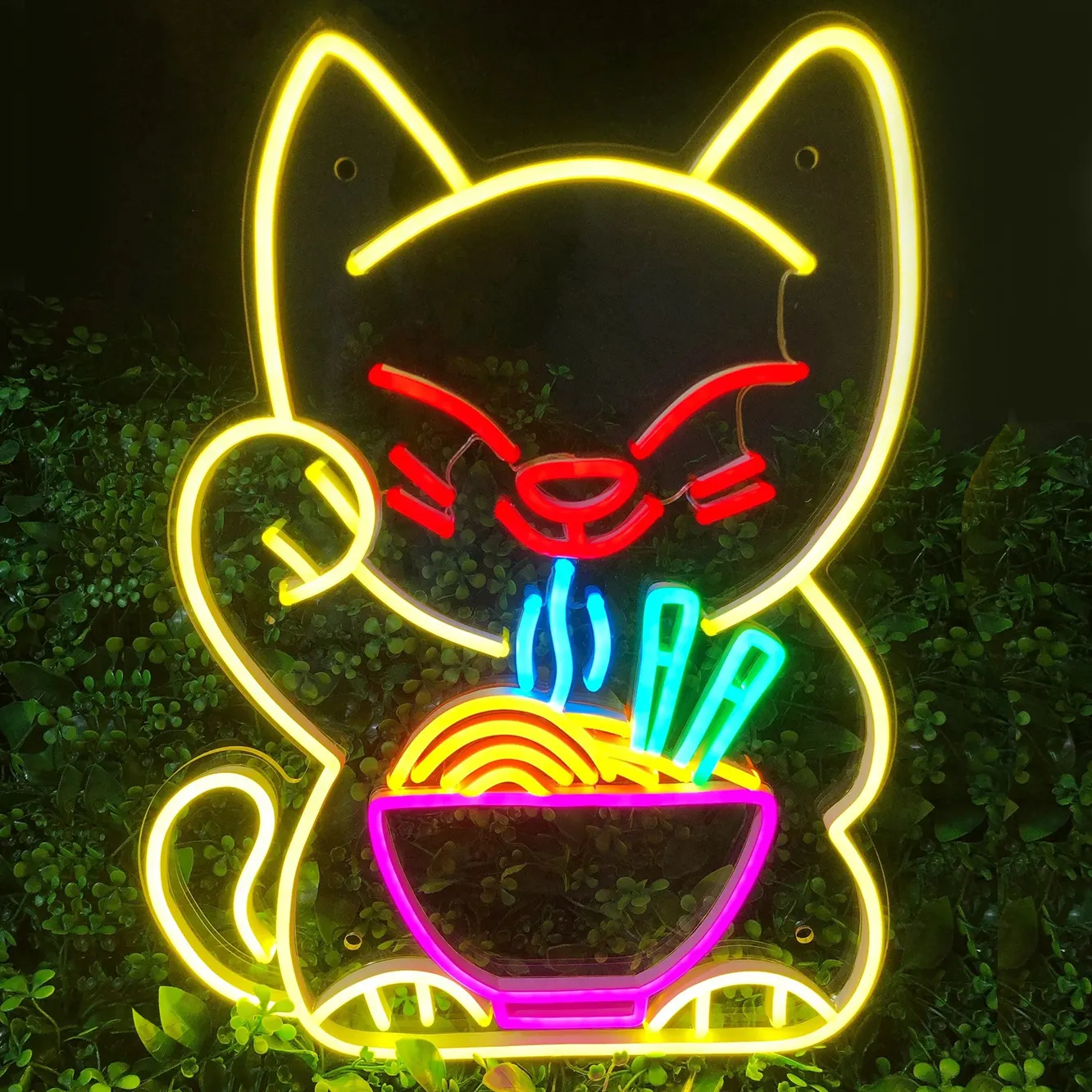 Letreros acrílicos de neón para gato de la suerte, letreros Led, Ramen, gato japonés, comiendo fideos, Maneki de la suerte, letrero de neón