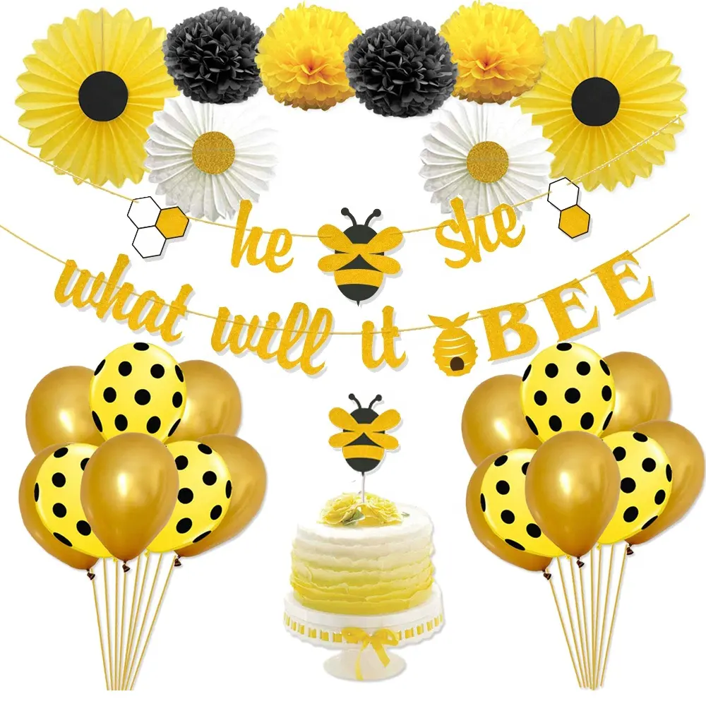 Kit de suministros para Baby Shower de mamá a abeja, pompones de abanico de papel, pancarta de abeja, decoración para el rostro
