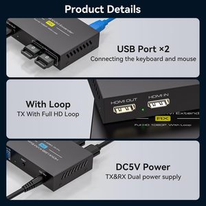 1080p 60Hz，适用于HDMI KVM扩展器视频分离器1x2 USB RJ45端口50m Cat5e/6以太网TX RX，适用于鼠标键盘视频 - Product Image 5