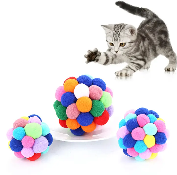 ที่มีสีสันสัตว์เลี้ยงที่ทำด้วยมือระฆังยืดหยุ่นแมวของเล่นบอล