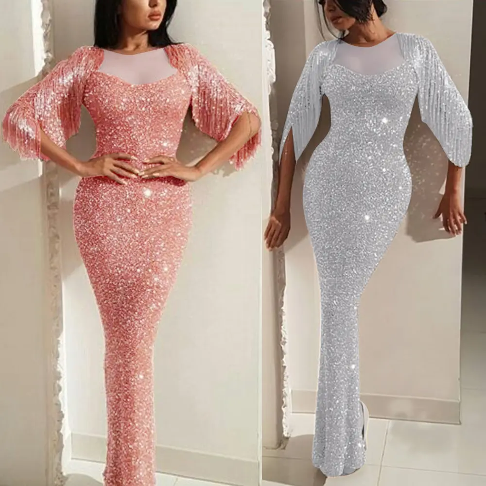 Robe de soirée Sexy pour femmes, tenue chic, décolleté plongeant en V, manches longues, vêtement de bal, couleur argent rose, épaules nues, robe longue de fête