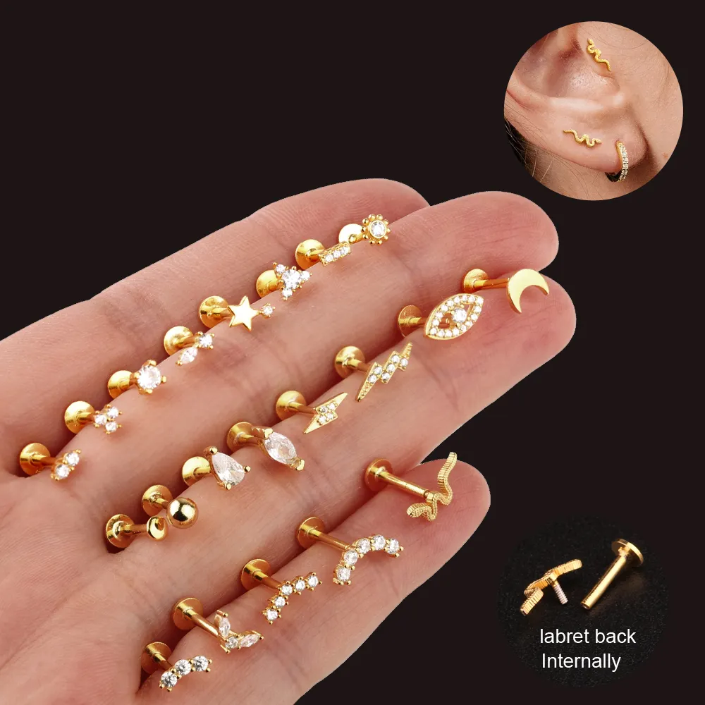 Trending Ear Piercing Jewelry 925 Sterling Silver Tragus Cartilage Labret Lip Screw Earring Gold Plated Flat Back Stud Earring