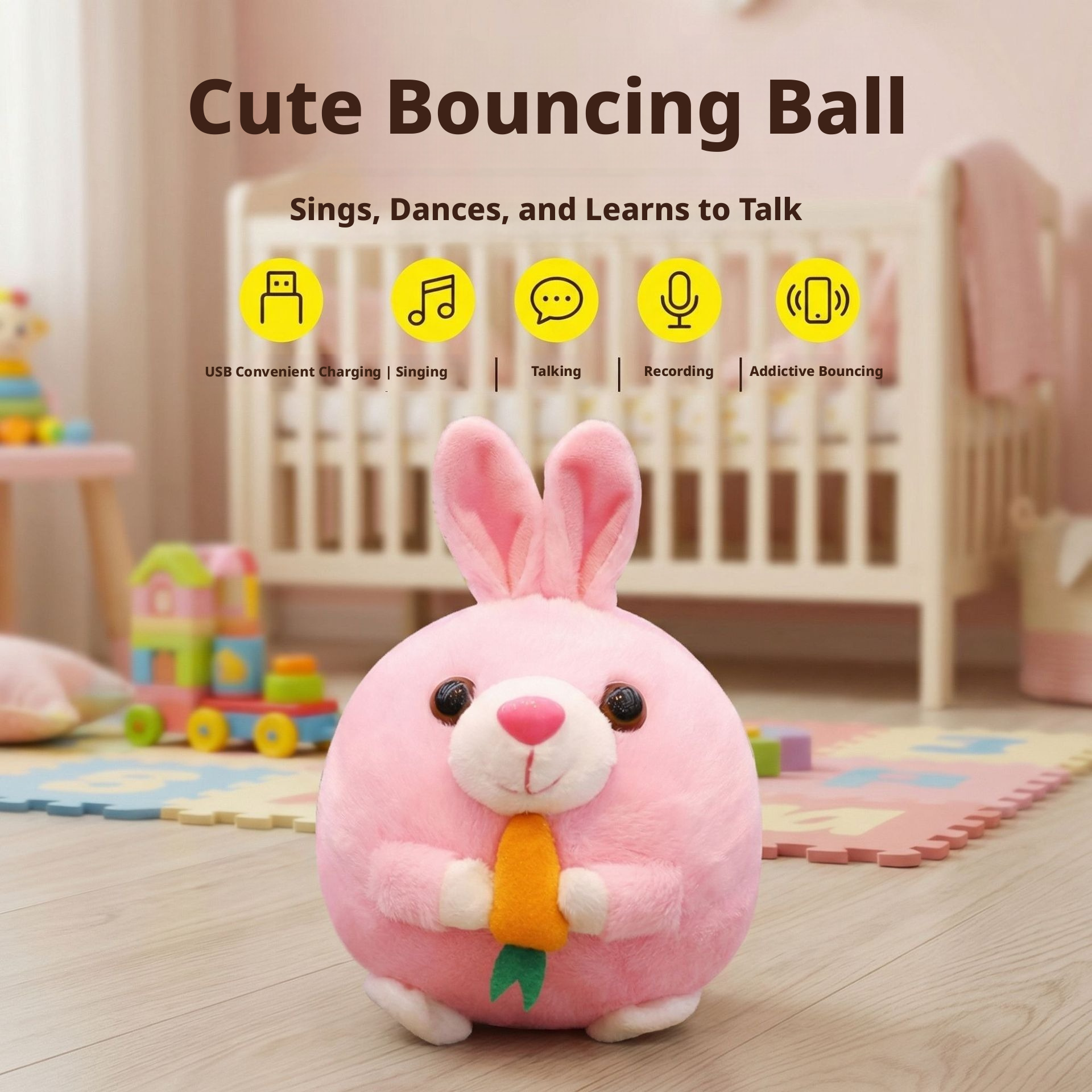 rechargeable bounce ball-pink rabbit-free usb cable