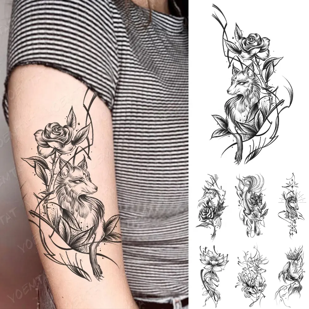 Tatuagem temporária impermeável de raposa e lotus, tatuagens florais de raposa, 2023