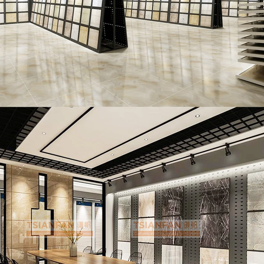 New design marble standing quartz showroom tile pegboard artificial ceramic floor metal stone display rack
