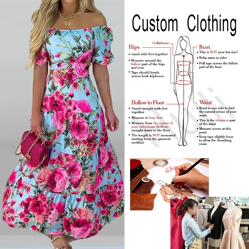 Huili Designer di moda Sexy Off spalle Maxi abito lungo donna fiore floreale Boho stampato Chiffon abito personalizzato per le donne