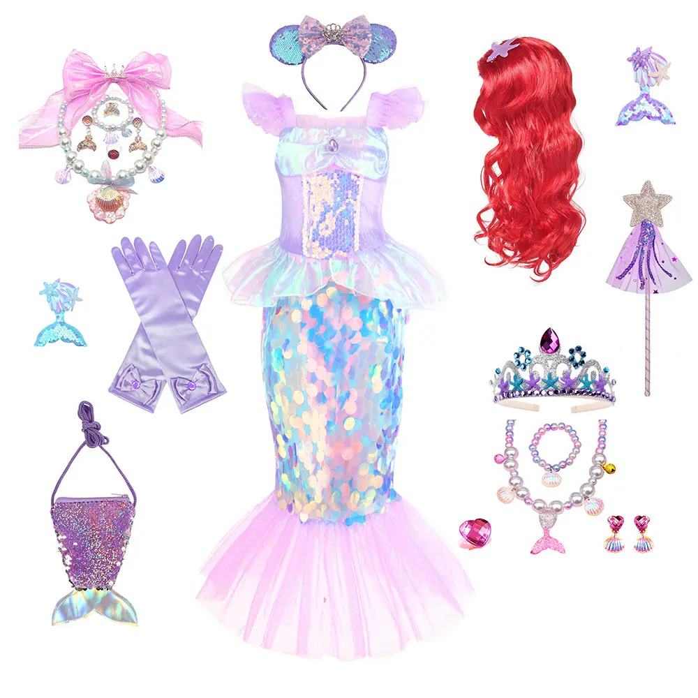 Los más vendidos al por mayor niñas pequeñas rendimiento Cosplay ropa niños púrpura monos niños brillo sirena disfraces