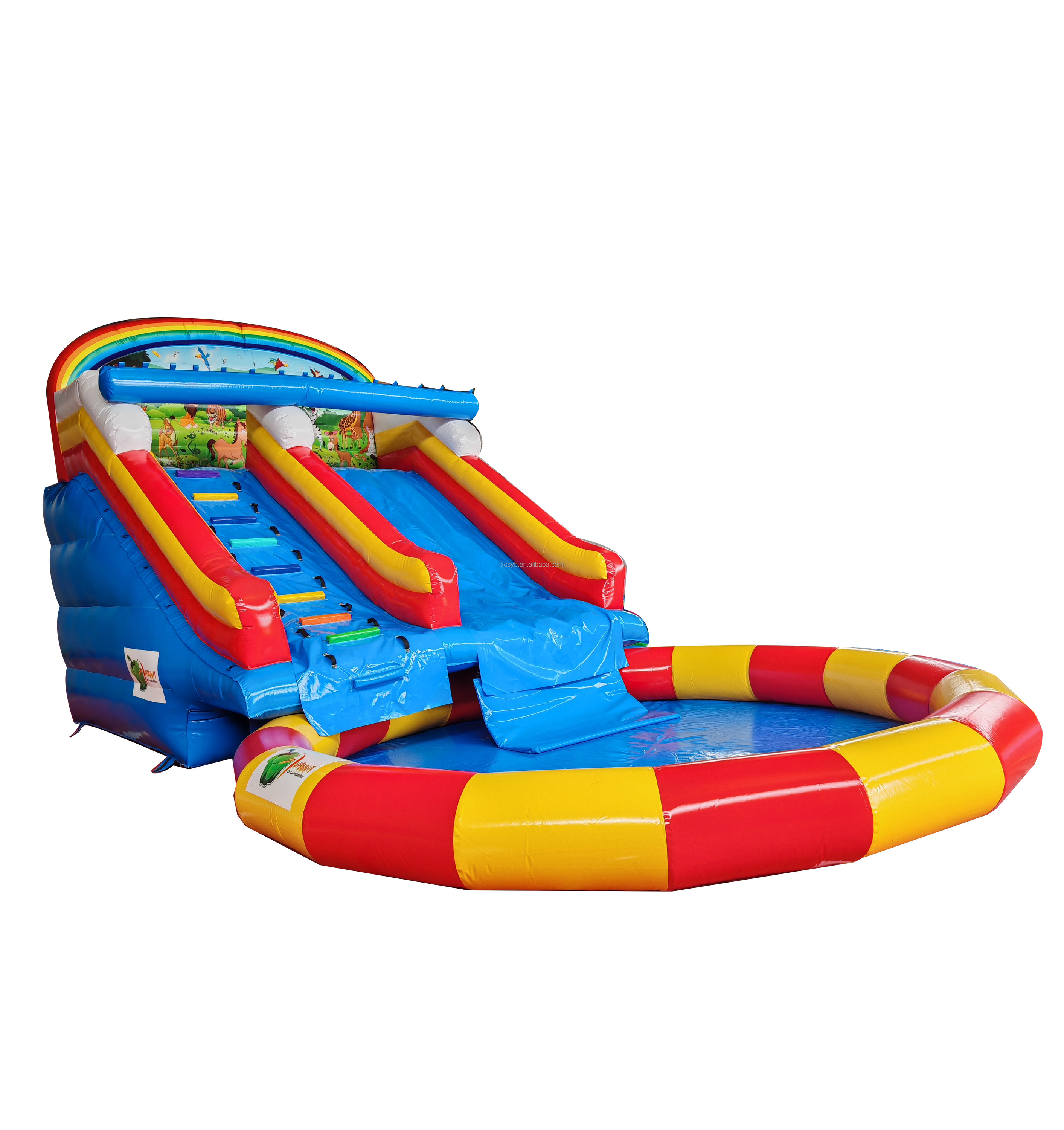 Tobogán inflable azul+rojo+amarillo+piscina
