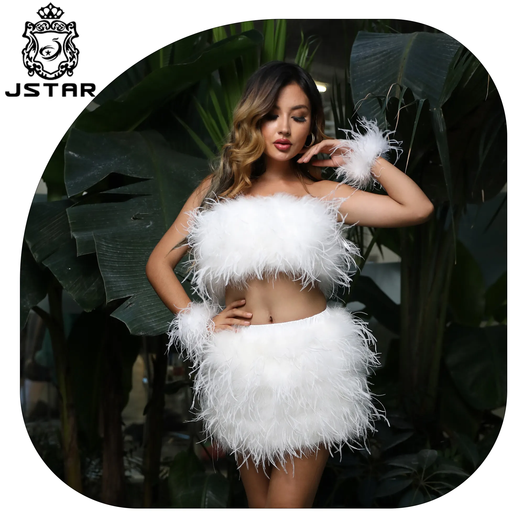 Jstar conjunto crop top e saia, com penas de avestruz branca de fábrica, conjunto de vestido de casamento, saia de penas