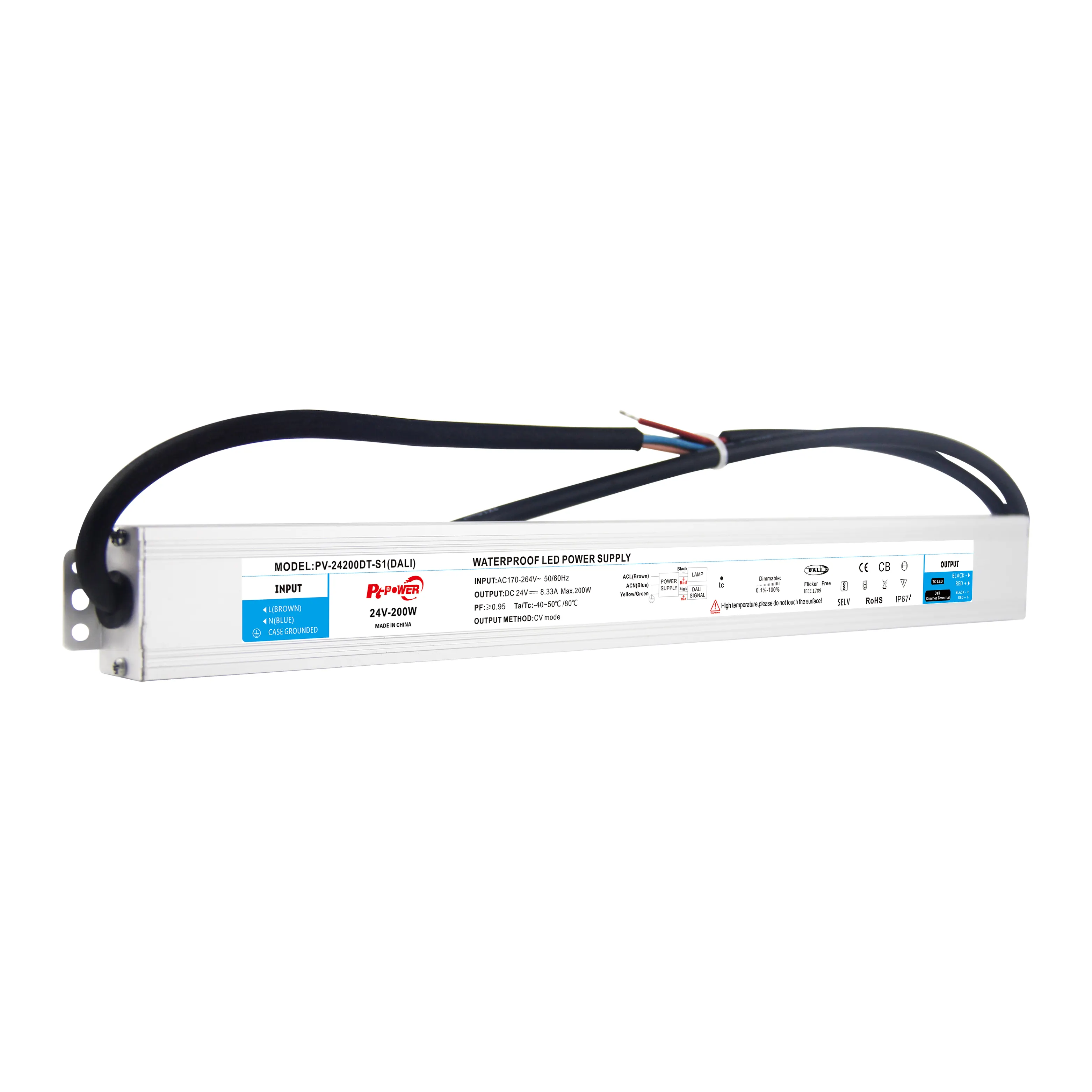 Cangkang aluminium tahan air IP67 170-264V AC ke DC 12V 24V 200W tegangan konstan DALI dorong Dimmable Driver LED