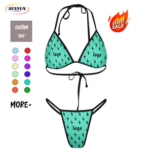 Traje de baño de hilo de cintura alta logotipo personalizado Tanga verano lujo Mini Micro Bikini conjunto mujeres en blanco impreso encaje hasta dos piezas traje de baño