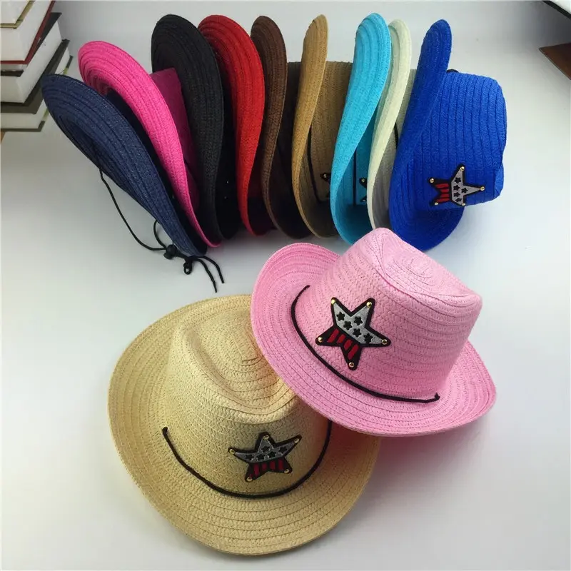 Sombreros de vaquero para niños Sombreros de fiesta de vaquero de paja para niños con pentagrama Sombrero de niño multicolor para decoraciones de fiesta de vaquero occidental