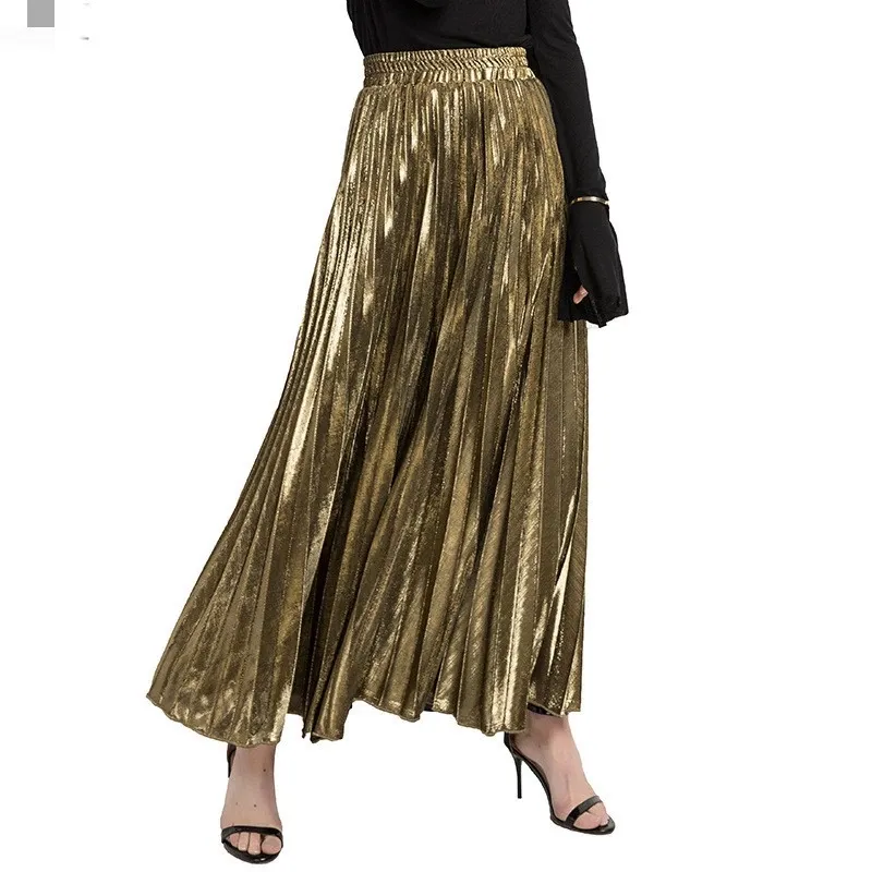 2022 वसंत धातु Pleated मैक्सी स्कर्ट उच्च कमर Harajuku बड़े झूले सोने लंबी स्कर्ट महिलाओं XXL के लिए Saias