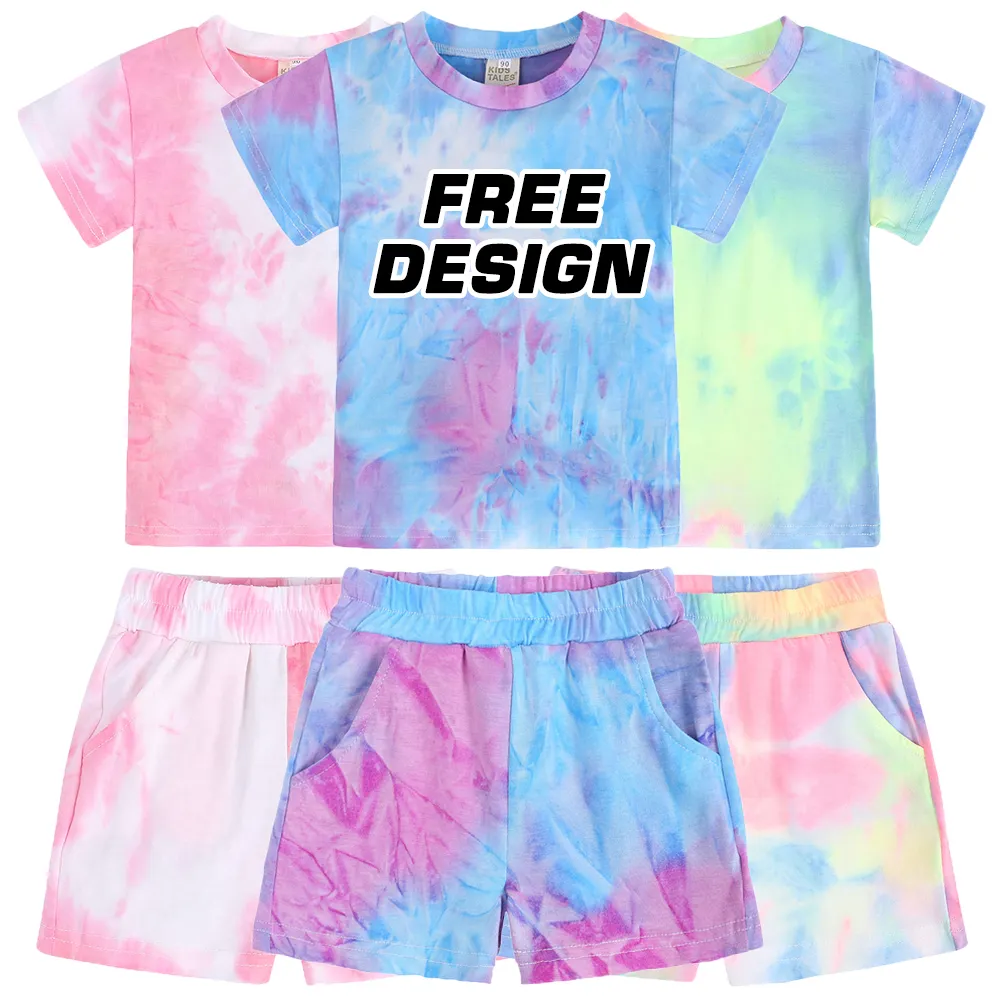 कस्टम लोगो 1-8 साल के बच्चे लड़कियां टाई-डाई कपड़े सेट 2 पीसी प्रिंट शॉर्ट आस्तीन टाई-डाई टी शर्ट टॉप + शॉर्ट्स 2 रंग