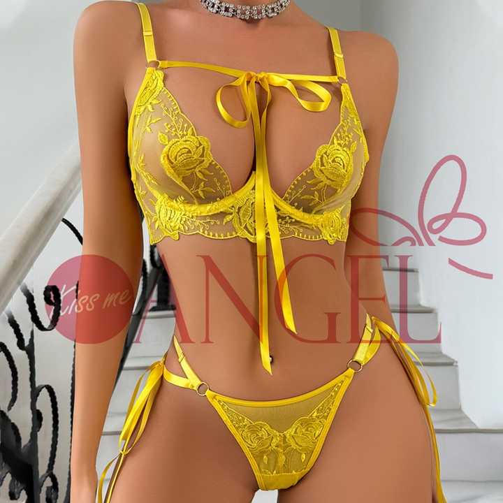 KISS ME ANGEL set celana dalam dan bra push up wanita renda seksi jaring tembus pandang splicing bordir bunga kuning baru modis