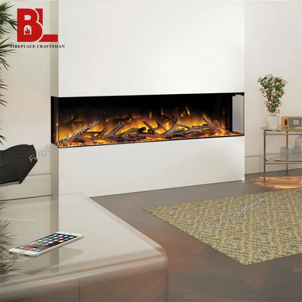 Aangepaste Afstandsbediening Muur Verzonken 3d Decor Fire Plaats Verneveling 3 Zijdig Glas Haard Elektrische
