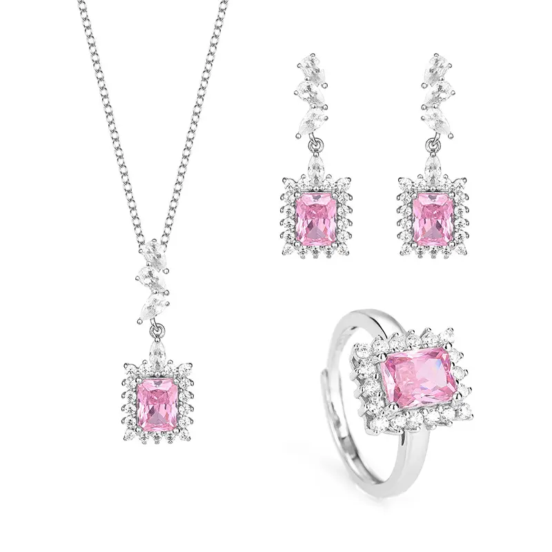 Hotsale Luxury Women Fine Dubai Jewelry Set 925 Sterling Silver Pink Square Cubic Zirconia Diamond orecchini anello collana Set
