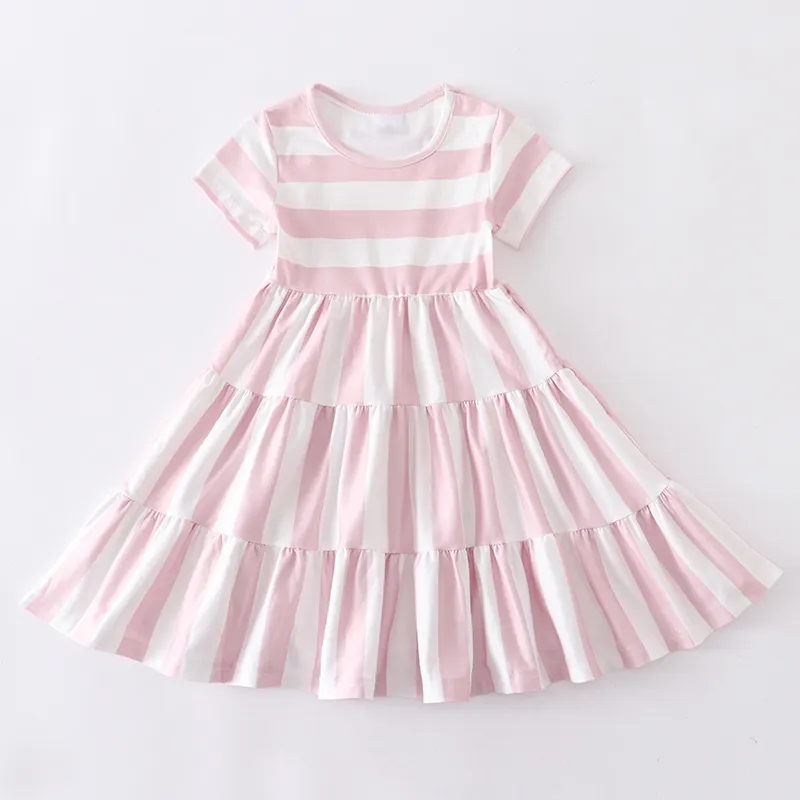 Vestido de algodão casual infantil com listras vintage para meninas adolescentes, roupas infantis de verão, roupas de manga curta