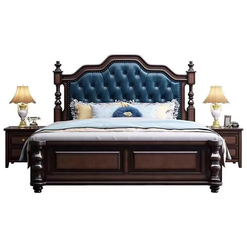 Cama de madera maciza de lujo ligera americana doble bolsa suave retro cama de almacenamiento de caja alta