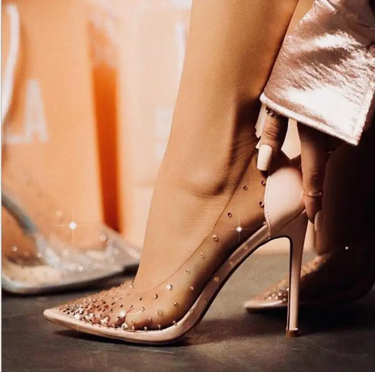 Zapatos de tacón alto para mujer, sandalias transparentes, transparentes, con cristales