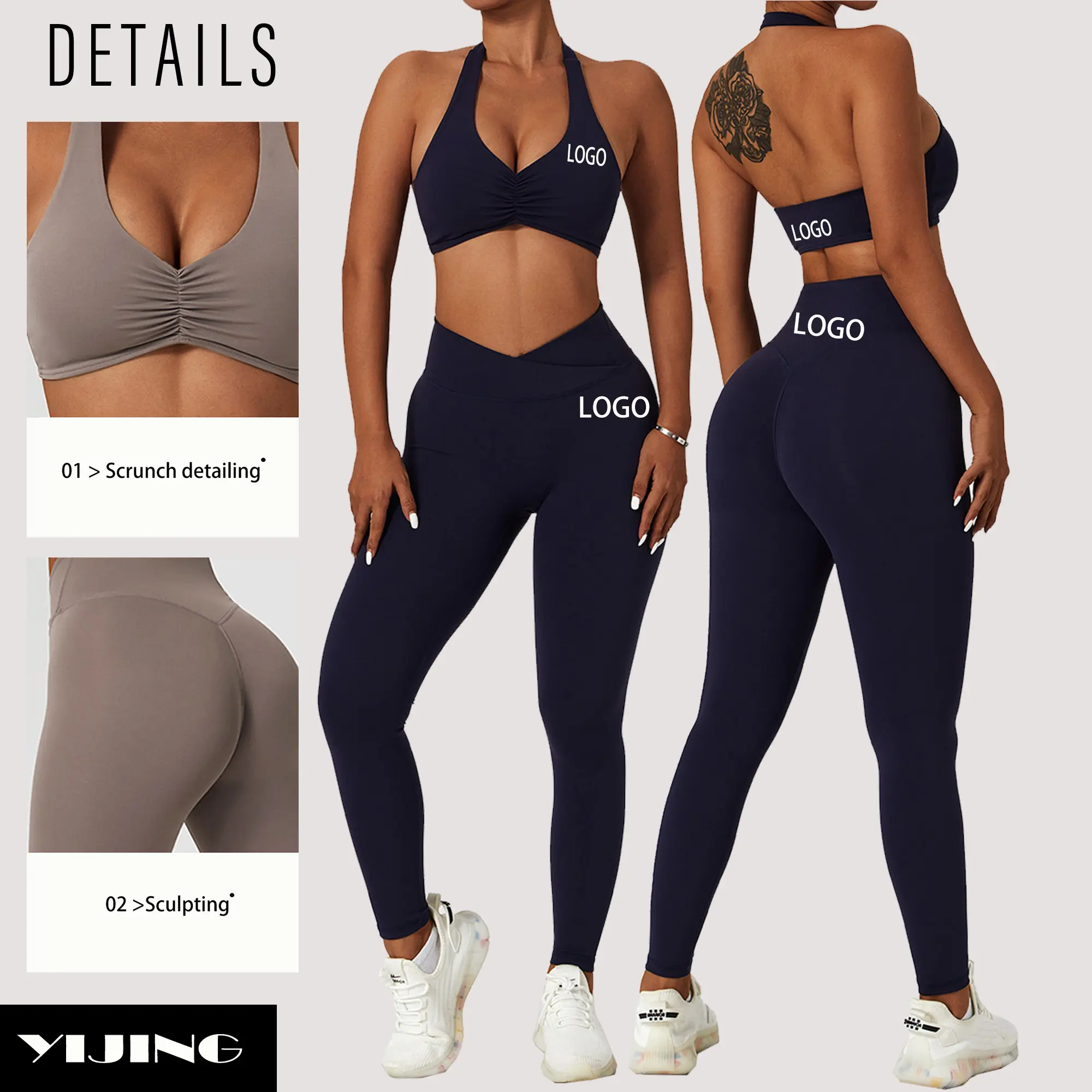 Индивидуальный Логотип устойчивая Йога Спортивная одежда Йога тренировки Леггинсы комплекты одежды для фитнеса сексуальный V-образный вырез женская одежда для спортзала