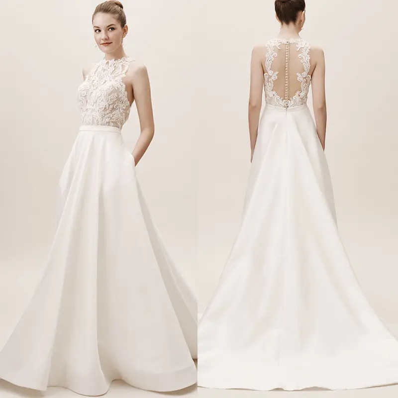 Simple A-line Satin Spaghetti Straps Lace Top Floor-length V-Neck Bridal Wedding Dresses