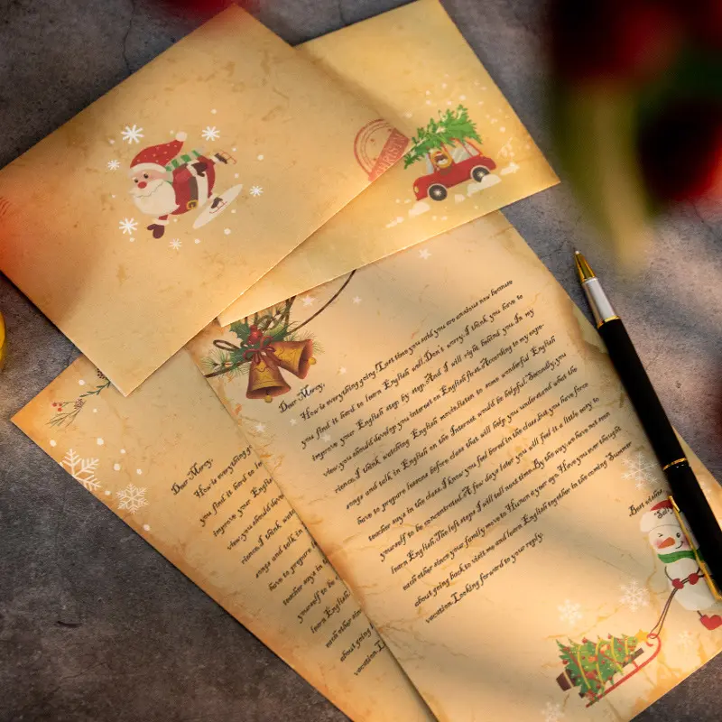 Retro Merry Christmas Greeting Cards Brown Paper Envelope Stickers Hem Rope Invitation Letters