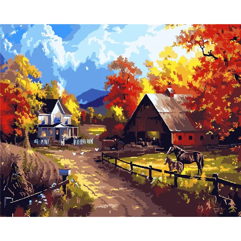 Venta al por mayor pintura acrílica por números otoño listo enmarcado lienzo dibujo casa hecho a mano personalizar paisaje conjuntos de imágenes