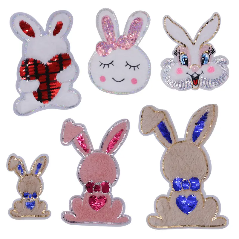 Factory Custom Applique Rabbit Shape Fur Fabric Iron on Sequin Patches for Clothes