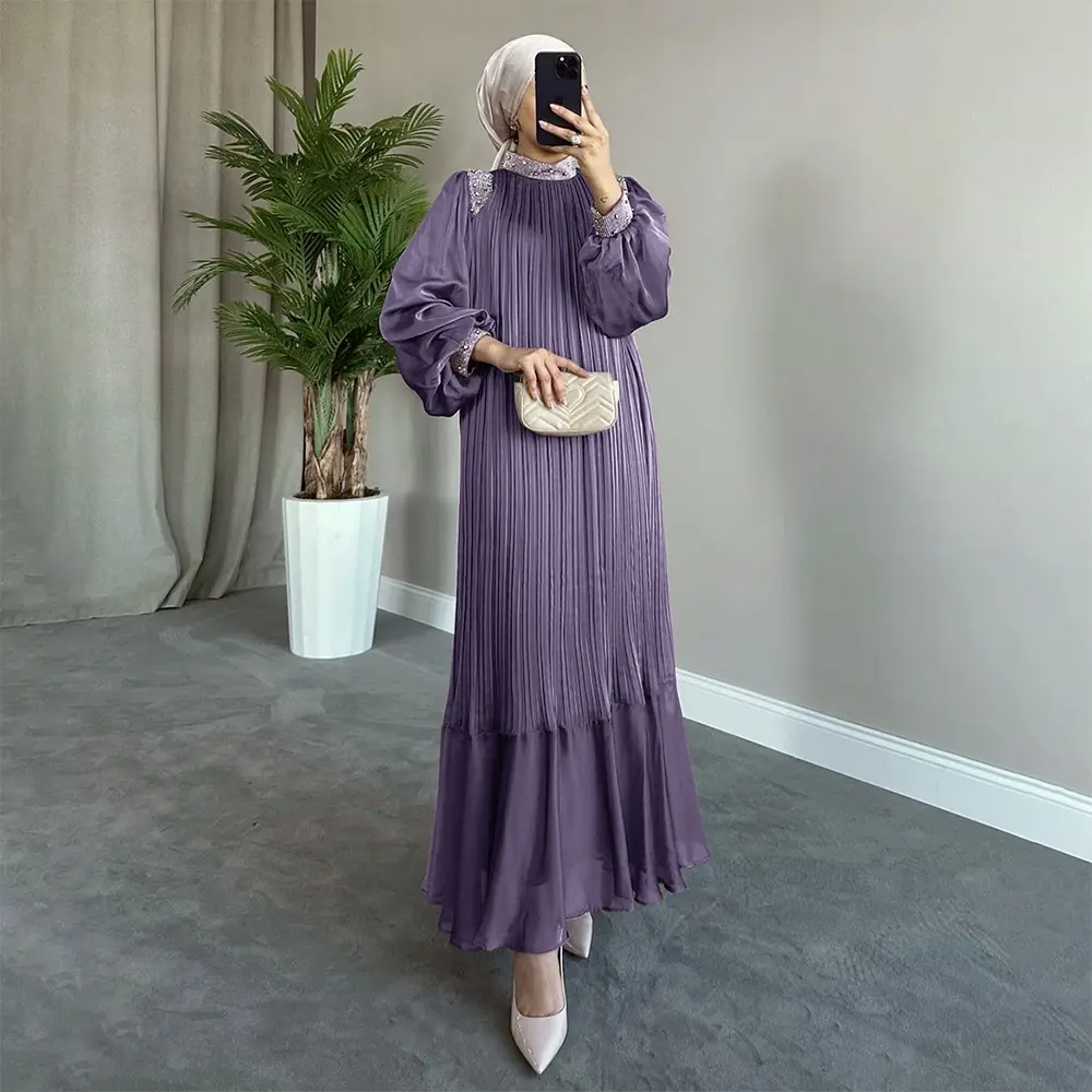 2024 all'ingrosso abbigliamento islamico donna di ultima moda tinta unita plissettato abito musulmano Abaya