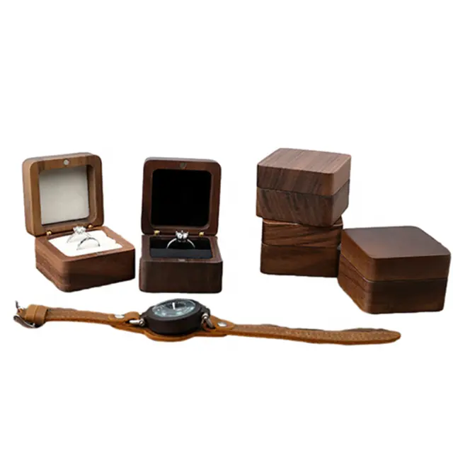 गोल ठोस लकड़ी की अंगूठी अखरोट रंग लकड़ी के प्रस्ताव रिंग रिंग गहने बॉक्स