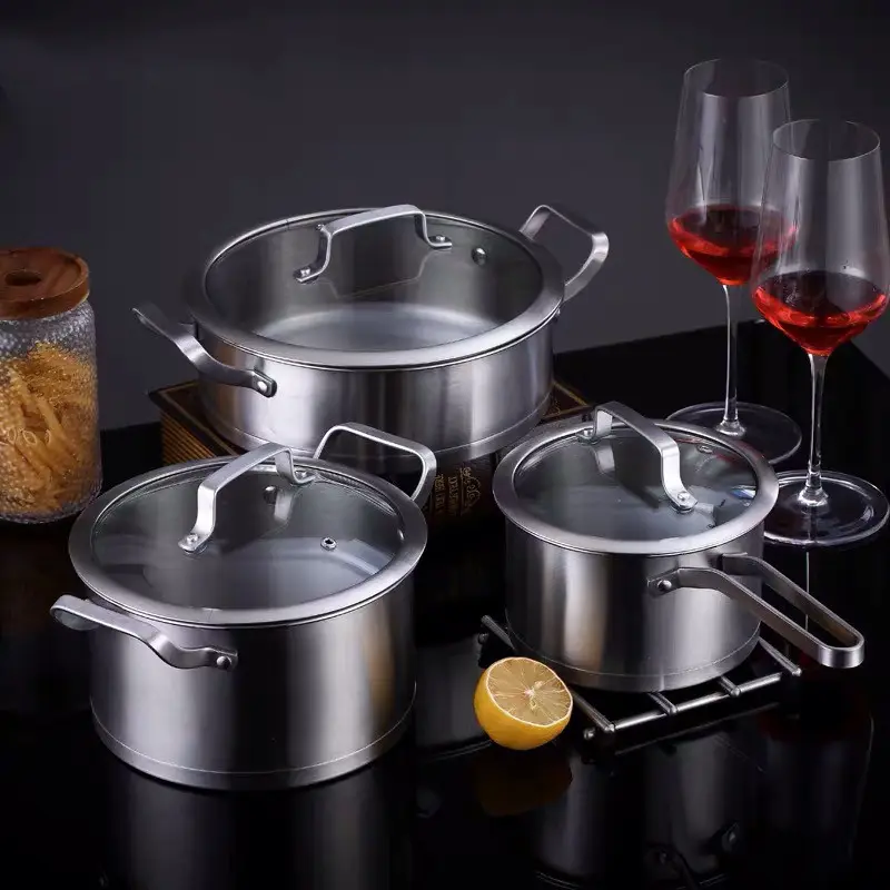 Заводская цена, серебряная кухонная кастрюля из нержавеющей стали для супа, сковорода, набор посуды со стеклянной крышкой