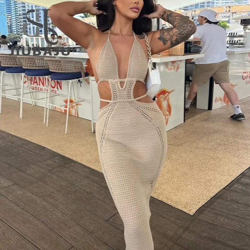 Venta caliente Sexy Halter vestido largo con cuello en V vestido de verano Club Wear para mujeres 2024