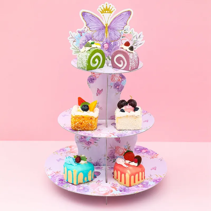 Huiran Papiertortenständer Schmetterling 3-stufige Kuchen-Vorführung für Babyshower Mädchen Geburtstag Partyzubehör