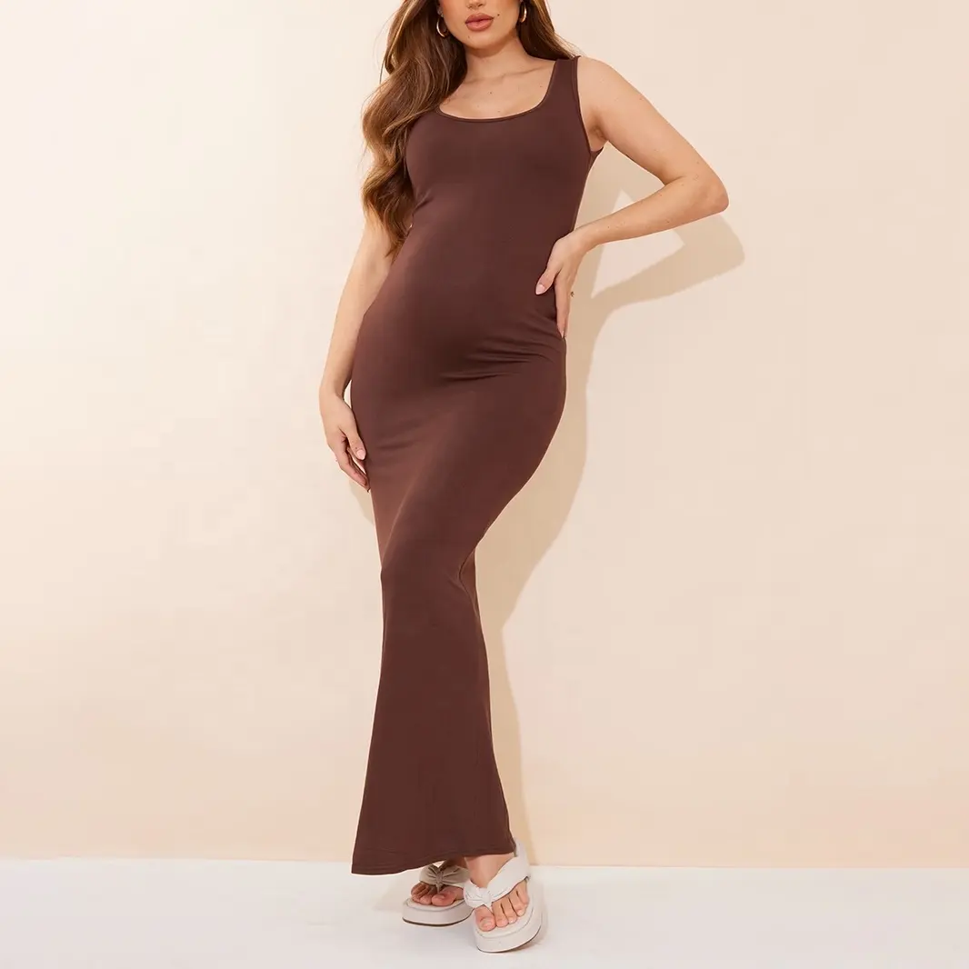 Vestidos de maternidad personalizados de alta calidad de tela de verano sin mangas liso elástico cuello redondo Maxi vestido de mujer Casual vestido de embarazada