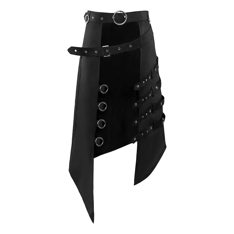 Cosplay Punk Falda plisada Cinturón de cuero gótico para hombre Medieval Roman Warrior Kilt Metal asimetría Negro Disfraz de Halloween