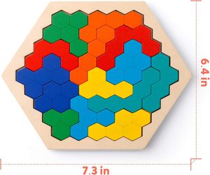 Rompecabezas hexagonal de madera para niños y adultos, bloque de patrón de forma, juguete de rompecabezas Tangram - Product Image 2