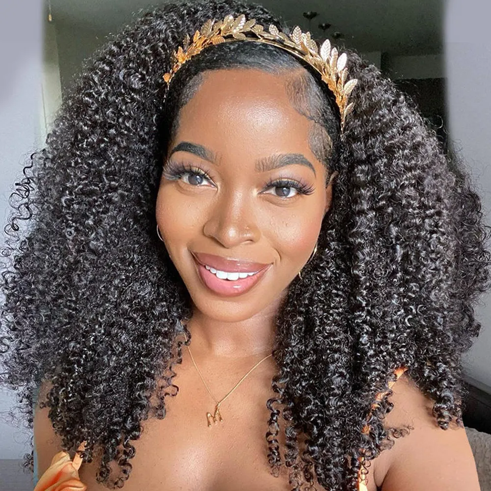 100% Verdadeiramente Cabelo Humano Meninas Curto Penteado Afro Mulheres Headband Perucas de Cabelo Raw Afro Kinky Curly Metade Peruca Com Headband