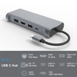 RTS 10合1笔记本电脑扩展坞VGA USB以太网HDMI SD TF 3.5毫米音频PD集线器多端口转换器USB C集线器适配器库存 - Product Image 2