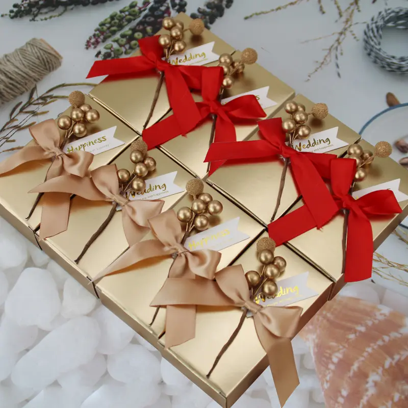 Caixa De Doces Dourada De Luxo Elegante Favor Festa De Casamento Caixa De Presente De Lembrança De Papel De Chocolate com Bowknot De Seda