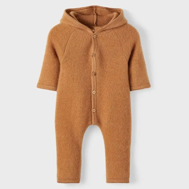 OEKO sertifikalı merinos yünü bebek giysileri toptan fiyatlar bebek tulumu kahverengi uzun kollu bebek Romper