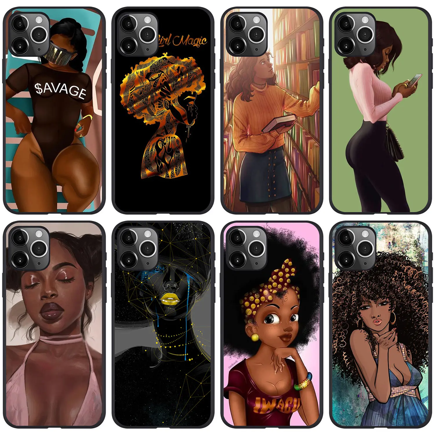 Siyah kadın sanat telefon iPhone için kılıf 15, Afro kız baskılı mat yumuşak TPU arka kapak iPhone için kılıf 14 13 12 11 Pro Max XS 7 8