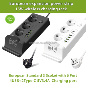European 3 Socket Power Strip With Wireless Charging Rack,Extension Cable 3 Outlets With USB a + USB C Port Charger Power Socket - Product Image 2