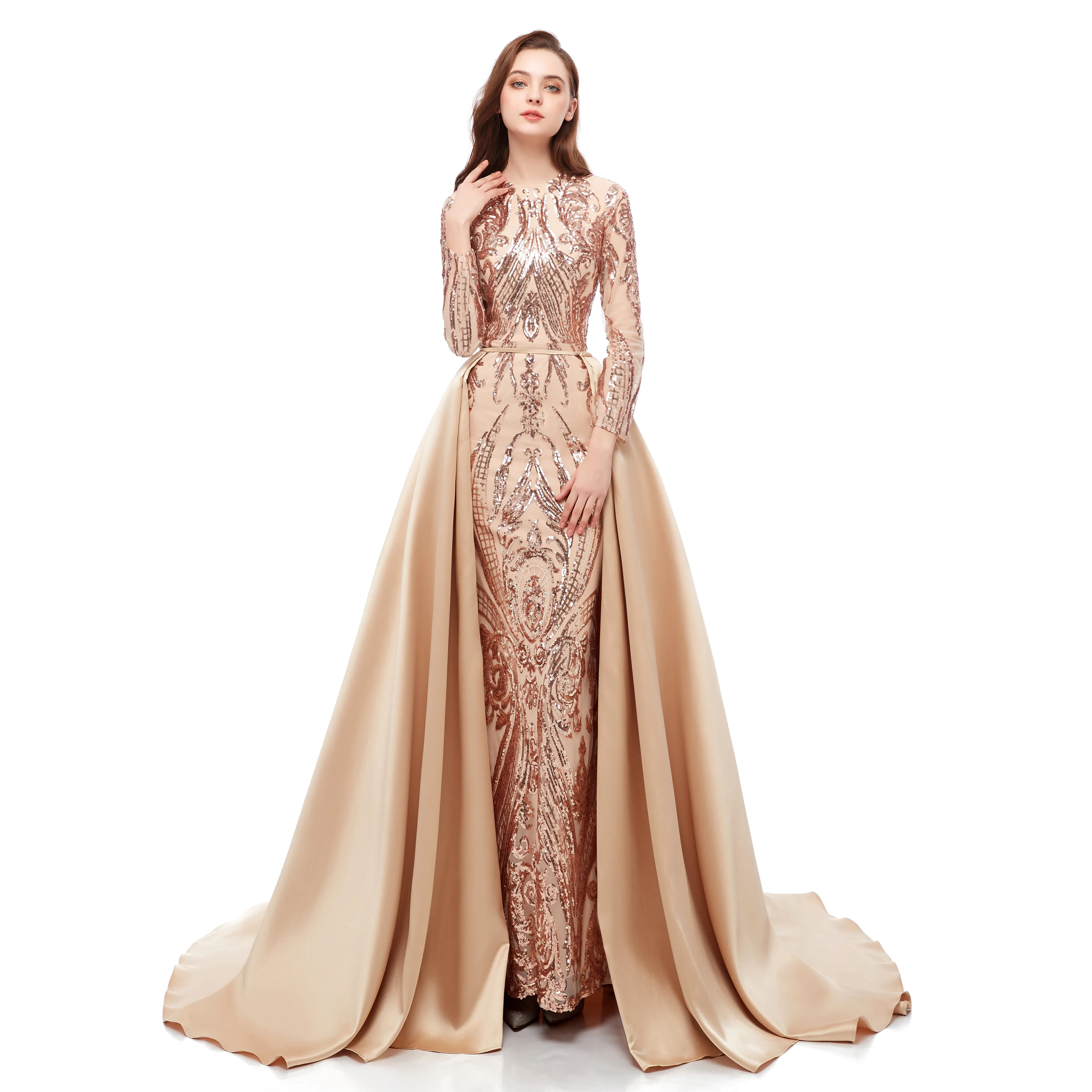 ZH003 New Design Long Sleeve Gold Luxury Wedding Dress Bridal Gown Formal Women Mermaid Evening Dresses