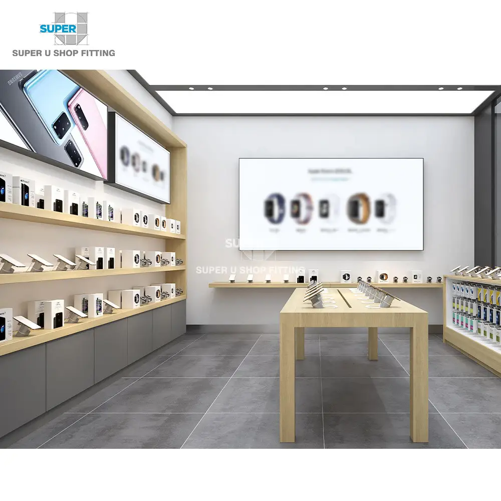 עץ סגנון אלקטרוניקה חנות פנים עיצוב מותאם אישית טלפון מקרה טלפון סלולרי מדף תצוגת חנות עיצוב עבור הסלולר