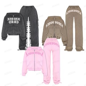Özel fermuar up başparmak delik Terry Hoodie ceket üst parlama pantolon eşofman kadın setleri kadınlar iki parçalı setleri 2025 temel Loungewear seti - Product Image 5