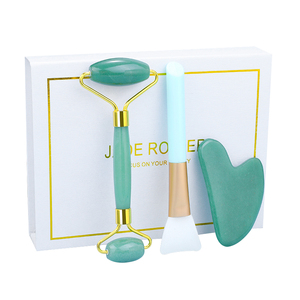 3 in 1 yeşil aventurin yeşim rulo Gua Sha Set toptan özel Logo rulo Gua Sha ve maske fırça masaj seti kutusu ile - Product Image 2