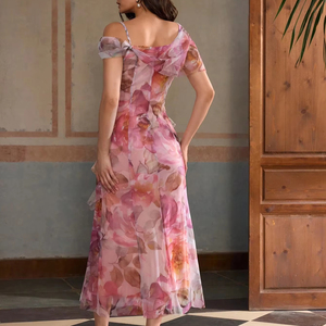 للبيع بالجملة من البوتيك فستان نسائي بطبعة لوتس على شكل ورقة شجر لوتس بطول جانبي للصيف - Product Image 3