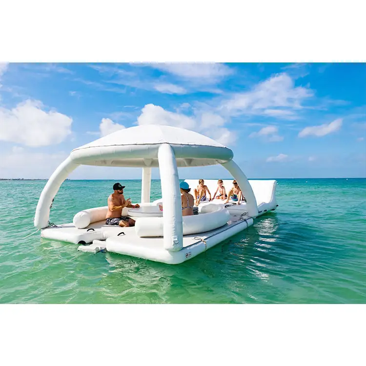 Hot sale new style platform swim deck water leisure island inflatable floating dock pontoon xingtai bana float mat with tent